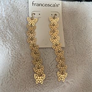 Francesca’s Butterfly gold long dangle earrings, light weight, new